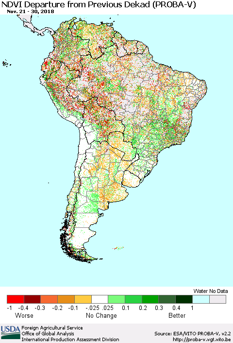 South America NDVI Departure from Previous Dekad (PROBA-V) Thematic Map For 11/21/2018 - 11/30/2018
