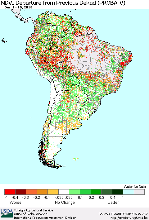 South America NDVI Departure from Previous Dekad (PROBA-V) Thematic Map For 12/1/2018 - 12/10/2018