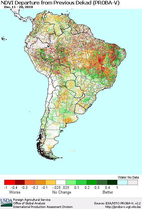 South America NDVI Departure from Previous Dekad (PROBA-V) Thematic Map For 12/11/2018 - 12/20/2018