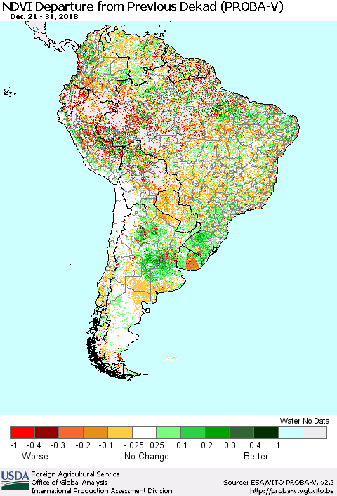 South America NDVI Departure from Previous Dekad (PROBA-V) Thematic Map For 12/21/2018 - 12/31/2018