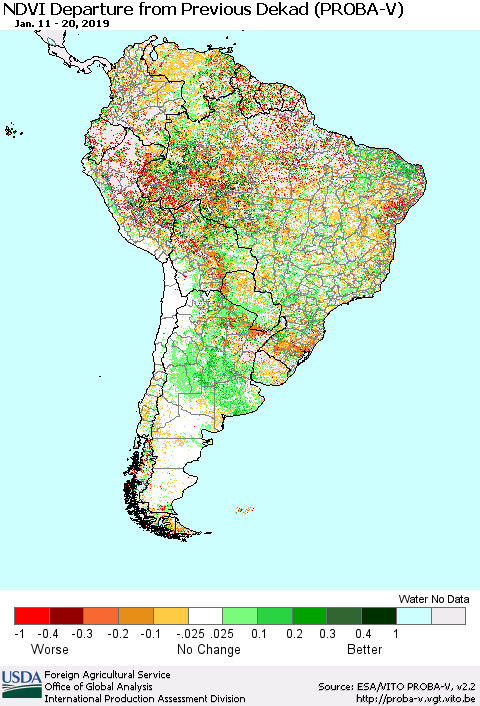 South America NDVI Departure from Previous Dekad (PROBA-V) Thematic Map For 1/11/2019 - 1/20/2019