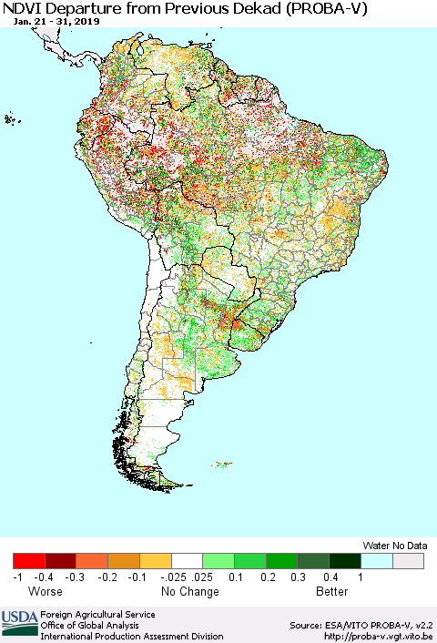 South America NDVI Departure from Previous Dekad (PROBA-V) Thematic Map For 1/21/2019 - 1/31/2019