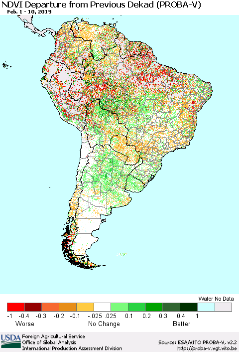 South America NDVI Departure from Previous Dekad (PROBA-V) Thematic Map For 2/1/2019 - 2/10/2019