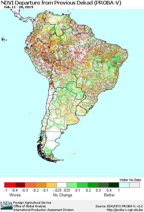 South America NDVI Departure from Previous Dekad (PROBA-V) Thematic Map For 2/11/2019 - 2/20/2019