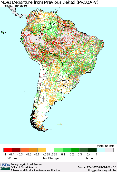 South America NDVI Departure from Previous Dekad (PROBA-V) Thematic Map For 2/21/2019 - 2/28/2019