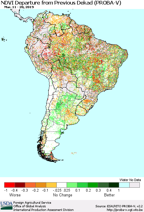 South America NDVI Departure from Previous Dekad (PROBA-V) Thematic Map For 3/11/2019 - 3/20/2019