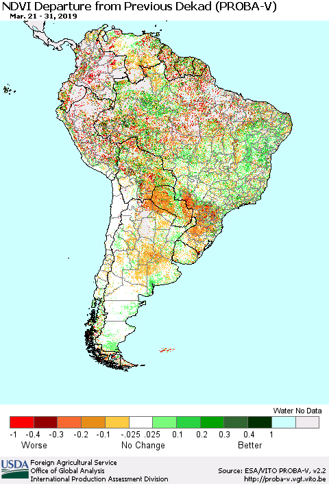 South America NDVI Departure from Previous Dekad (PROBA-V) Thematic Map For 3/21/2019 - 3/31/2019
