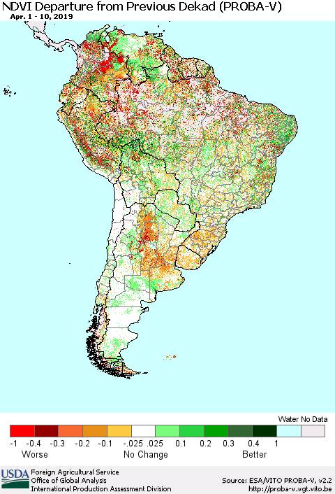 South America NDVI Departure from Previous Dekad (PROBA-V) Thematic Map For 4/1/2019 - 4/10/2019