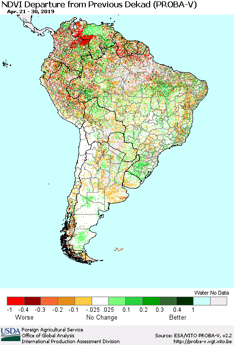 South America NDVI Departure from Previous Dekad (PROBA-V) Thematic Map For 4/21/2019 - 4/30/2019