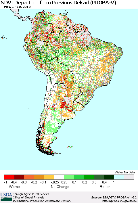 South America NDVI Departure from Previous Dekad (PROBA-V) Thematic Map For 5/1/2019 - 5/10/2019