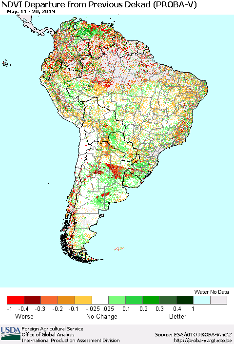 South America NDVI Departure from Previous Dekad (PROBA-V) Thematic Map For 5/11/2019 - 5/20/2019