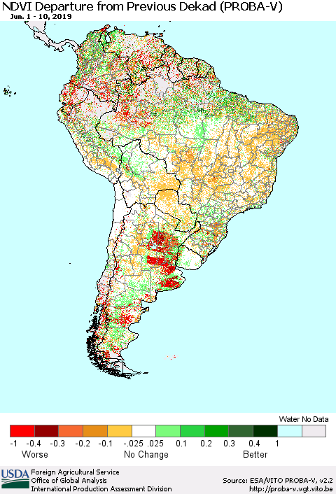 South America NDVI Departure from Previous Dekad (PROBA-V) Thematic Map For 6/1/2019 - 6/10/2019