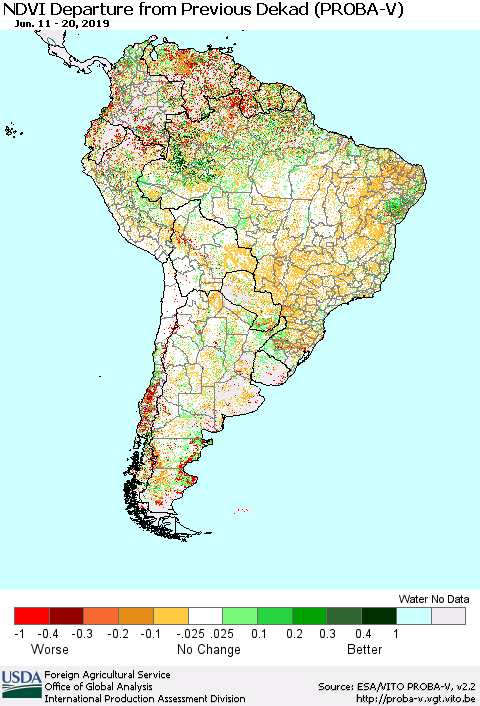 South America NDVI Departure from Previous Dekad (PROBA-V) Thematic Map For 6/11/2019 - 6/20/2019