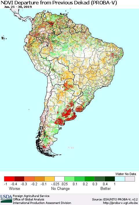 South America NDVI Departure from Previous Dekad (PROBA-V) Thematic Map For 6/21/2019 - 6/30/2019