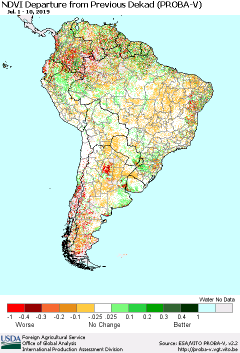 South America NDVI Departure from Previous Dekad (PROBA-V) Thematic Map For 7/1/2019 - 7/10/2019