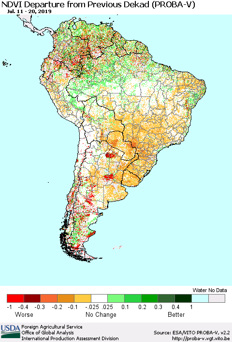 South America NDVI Departure from Previous Dekad (PROBA-V) Thematic Map For 7/11/2019 - 7/20/2019