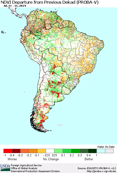 South America NDVI Departure from Previous Dekad (PROBA-V) Thematic Map For 7/21/2019 - 7/31/2019
