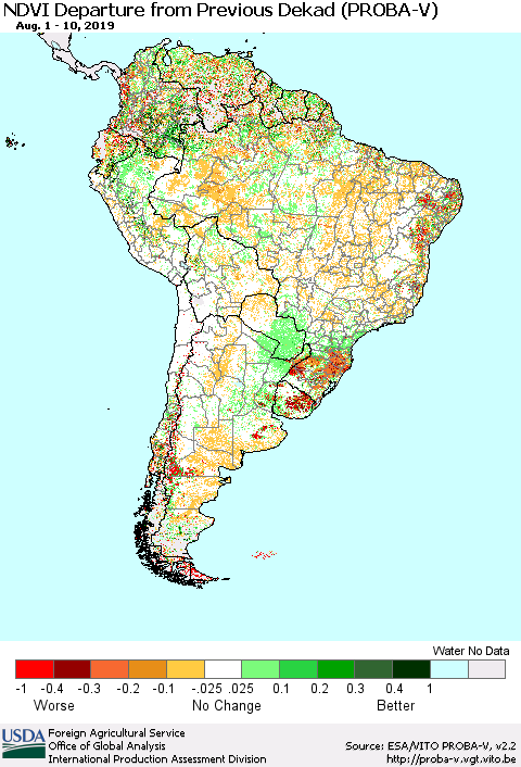 South America NDVI Departure from Previous Dekad (PROBA-V) Thematic Map For 8/1/2019 - 8/10/2019