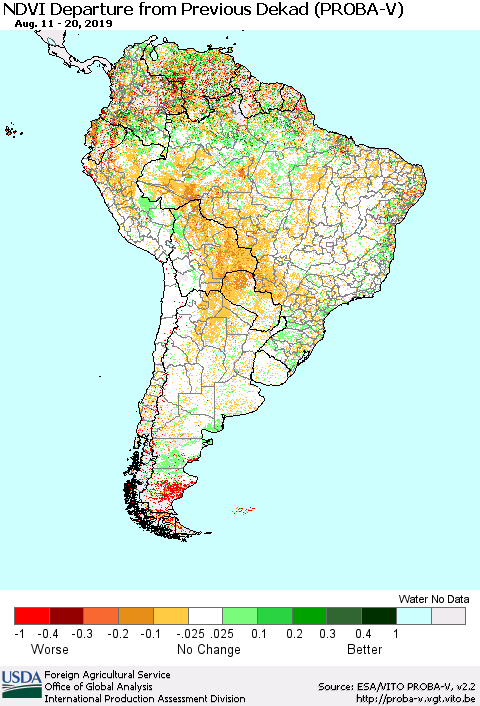 South America NDVI Departure from Previous Dekad (PROBA-V) Thematic Map For 8/11/2019 - 8/20/2019
