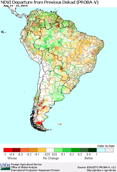 South America NDVI Departure from Previous Dekad (PROBA-V) Thematic Map For 8/21/2019 - 8/31/2019