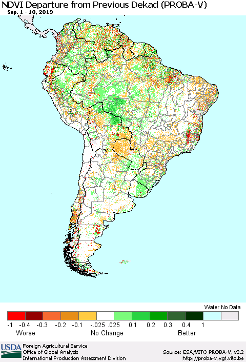 South America NDVI Departure from Previous Dekad (PROBA-V) Thematic Map For 9/1/2019 - 9/10/2019