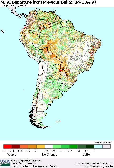 South America NDVI Departure from Previous Dekad (PROBA-V) Thematic Map For 9/11/2019 - 9/20/2019