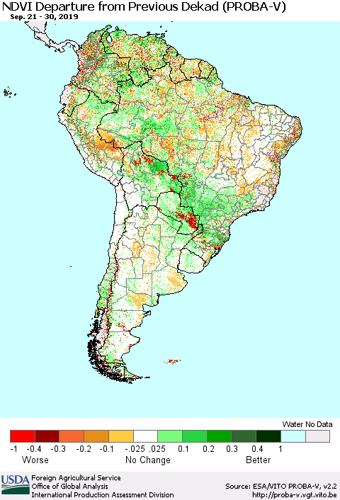 South America NDVI Departure from Previous Dekad (PROBA-V) Thematic Map For 9/21/2019 - 9/30/2019