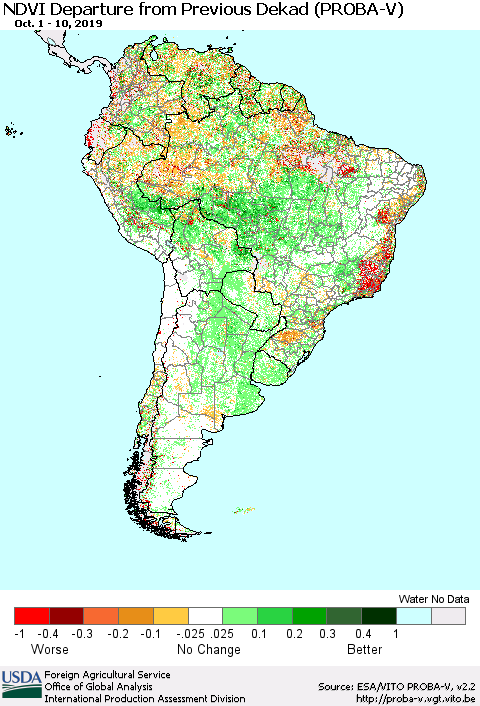 South America NDVI Departure from Previous Dekad (PROBA-V) Thematic Map For 10/1/2019 - 10/10/2019
