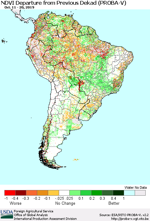 South America NDVI Departure from Previous Dekad (PROBA-V) Thematic Map For 10/11/2019 - 10/20/2019