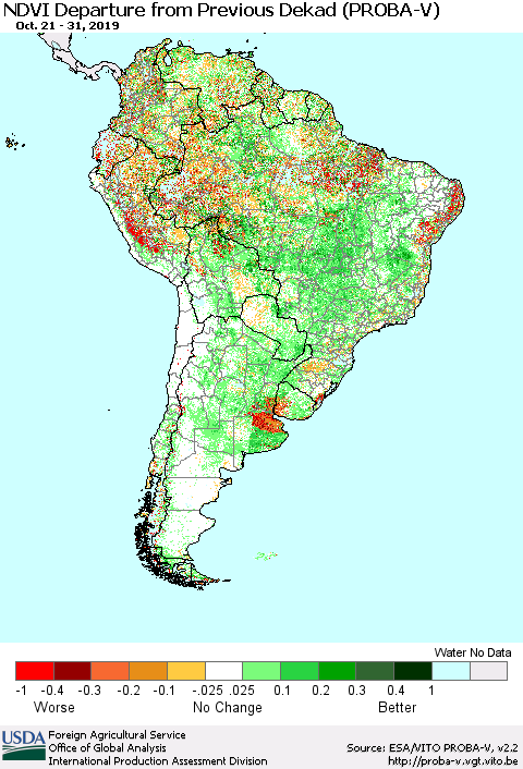 South America NDVI Departure from Previous Dekad (PROBA-V) Thematic Map For 10/21/2019 - 10/31/2019