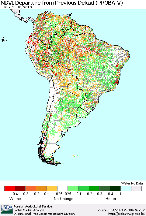 South America NDVI Departure from Previous Dekad (PROBA-V) Thematic Map For 11/1/2019 - 11/10/2019