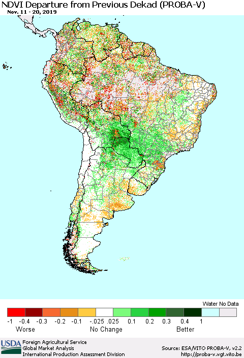 South America NDVI Departure from Previous Dekad (PROBA-V) Thematic Map For 11/11/2019 - 11/20/2019