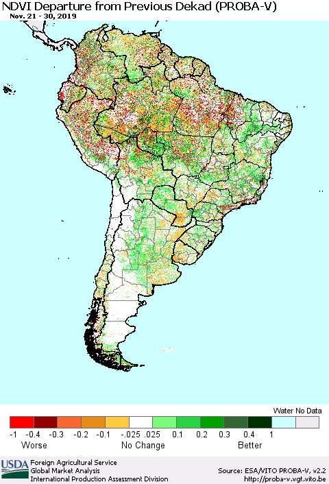 South America NDVI Departure from Previous Dekad (PROBA-V) Thematic Map For 11/21/2019 - 11/30/2019