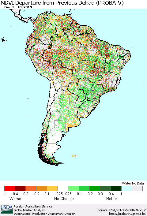 South America NDVI Departure from Previous Dekad (PROBA-V) Thematic Map For 12/1/2019 - 12/10/2019