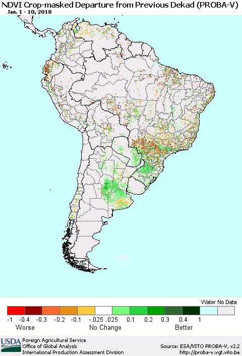 South America NDVI Crop-masked Departure from Previous Dekad (PROBA-V) Thematic Map For 1/1/2018 - 1/10/2018