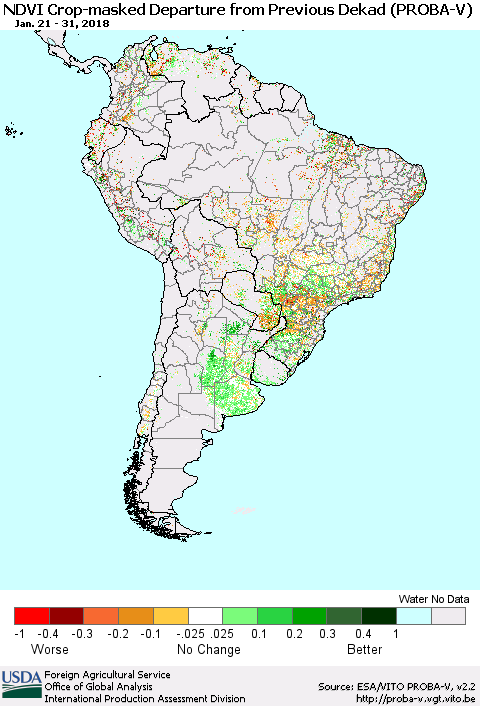 South America NDVI Crop-masked Departure from Previous Dekad (PROBA-V) Thematic Map For 1/21/2018 - 1/31/2018