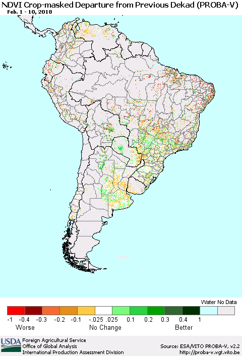 South America NDVI Crop-masked Departure from Previous Dekad (PROBA-V) Thematic Map For 2/1/2018 - 2/10/2018