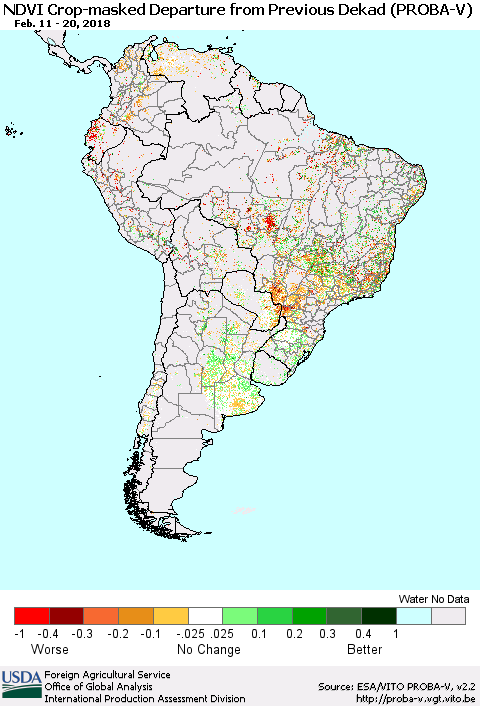 South America NDVI Crop-masked Departure from Previous Dekad (PROBA-V) Thematic Map For 2/11/2018 - 2/20/2018