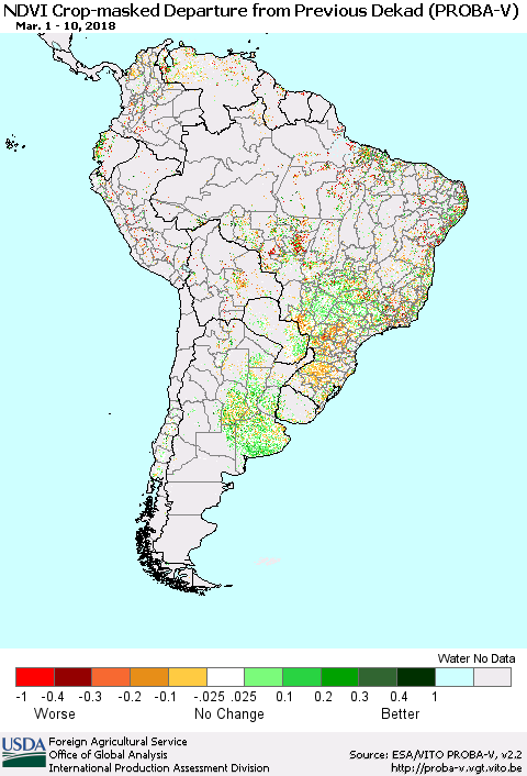 South America NDVI Crop-masked Departure from Previous Dekad (PROBA-V) Thematic Map For 3/1/2018 - 3/10/2018