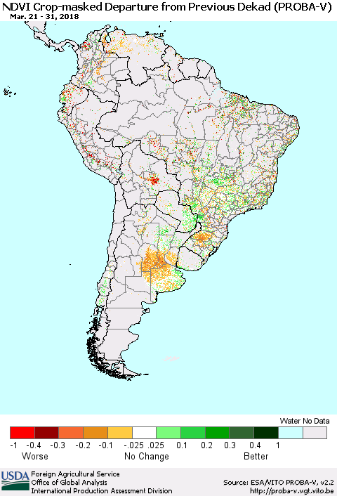 South America NDVI Crop-masked Departure from Previous Dekad (PROBA-V) Thematic Map For 3/21/2018 - 3/31/2018