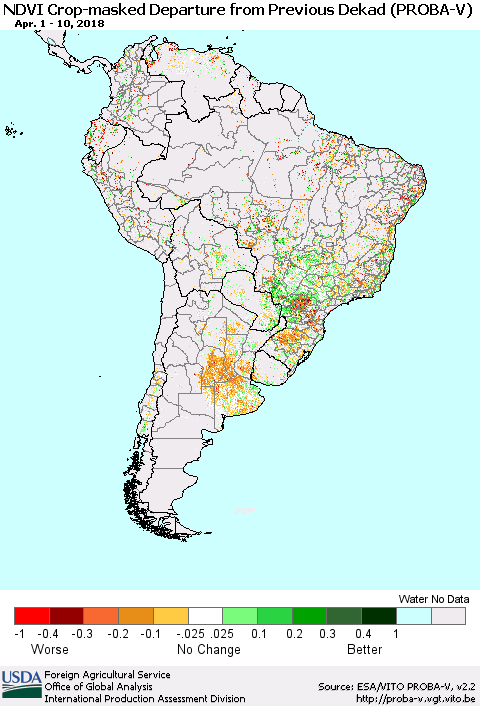 South America NDVI Crop-masked Departure from Previous Dekad (PROBA-V) Thematic Map For 4/1/2018 - 4/10/2018