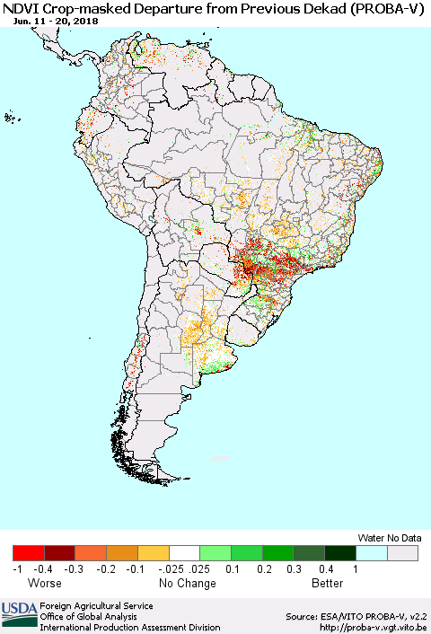 South America NDVI Crop-masked Departure from Previous Dekad (PROBA-V) Thematic Map For 6/11/2018 - 6/20/2018