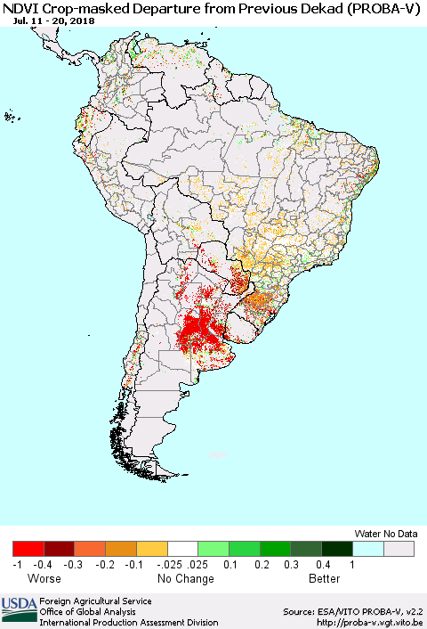 South America NDVI Crop-masked Departure from Previous Dekad (PROBA-V) Thematic Map For 7/11/2018 - 7/20/2018