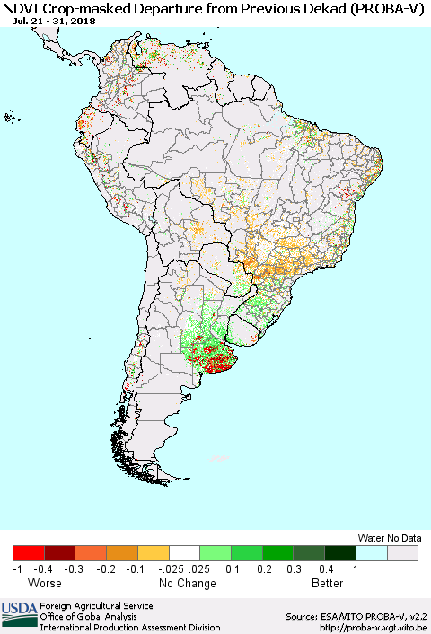 South America NDVI Crop-masked Departure from Previous Dekad (PROBA-V) Thematic Map For 7/21/2018 - 7/31/2018