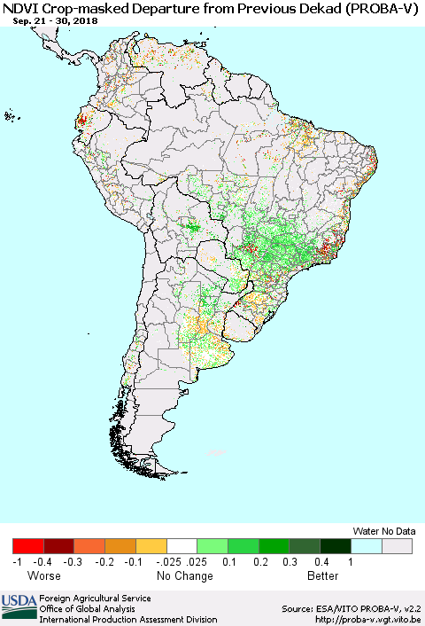 South America NDVI Crop-masked Departure from Previous Dekad (PROBA-V) Thematic Map For 9/21/2018 - 9/30/2018