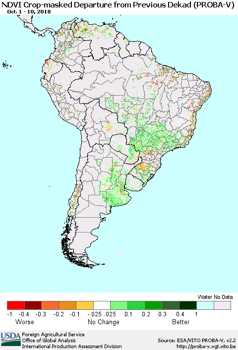 South America NDVI Crop-masked Departure from Previous Dekad (PROBA-V) Thematic Map For 10/1/2018 - 10/10/2018