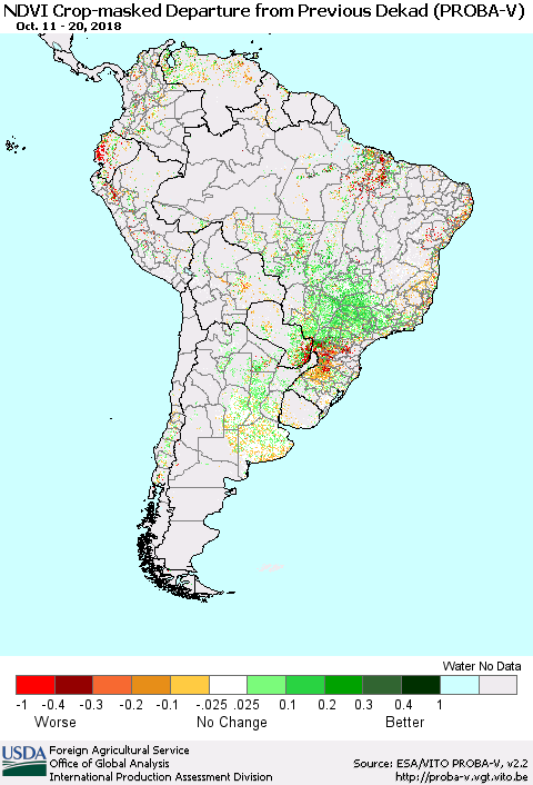 South America NDVI Crop-masked Departure from Previous Dekad (PROBA-V) Thematic Map For 10/11/2018 - 10/20/2018
