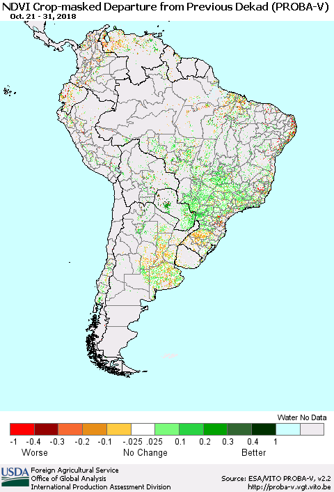 South America NDVI Crop-masked Departure from Previous Dekad (PROBA-V) Thematic Map For 10/21/2018 - 10/31/2018