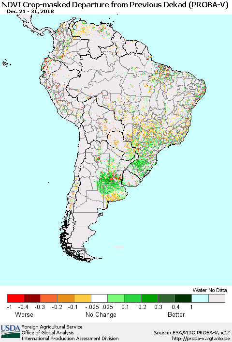 South America NDVI Crop-masked Departure from Previous Dekad (PROBA-V) Thematic Map For 12/21/2018 - 12/31/2018
