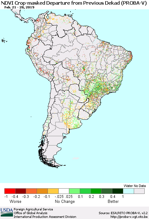 South America NDVI Crop-masked Departure from Previous Dekad (PROBA-V) Thematic Map For 2/21/2019 - 2/28/2019